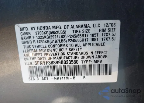 2009 Honda Pilot Touring from USA, damaged, VIN 5FNYF38899B023580
